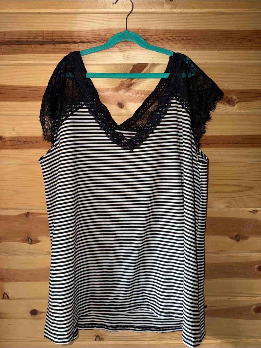 Black & White Striped Lace Trim V-Neck Tank